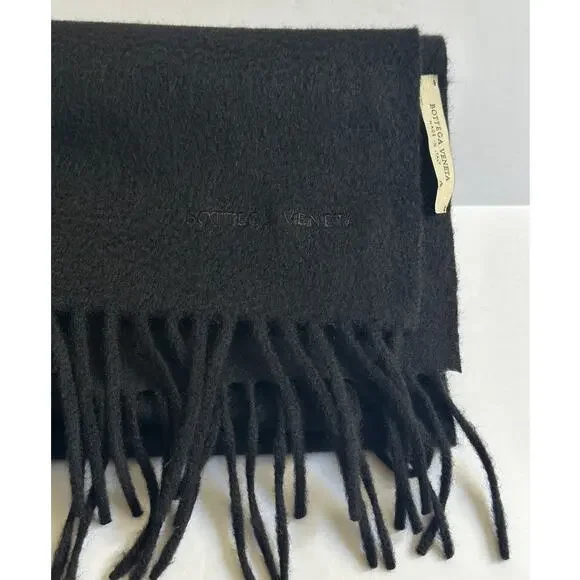 Bottega Veneta Logo Stamped Scarf Black Wool Cashmere Fringe Ends